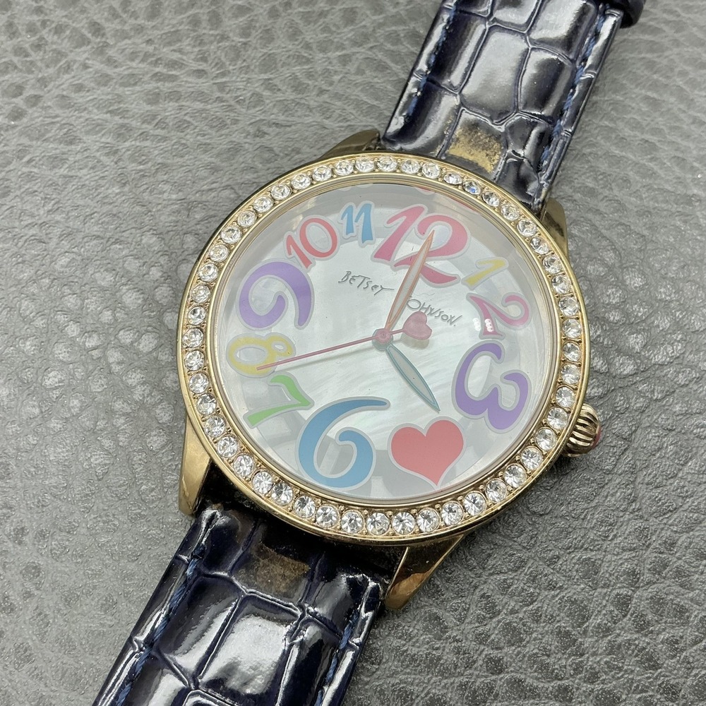Betsey Johnson Womens Watch Gold Crystal Bezel Blue Strap Heart Dial NEW BATTERY